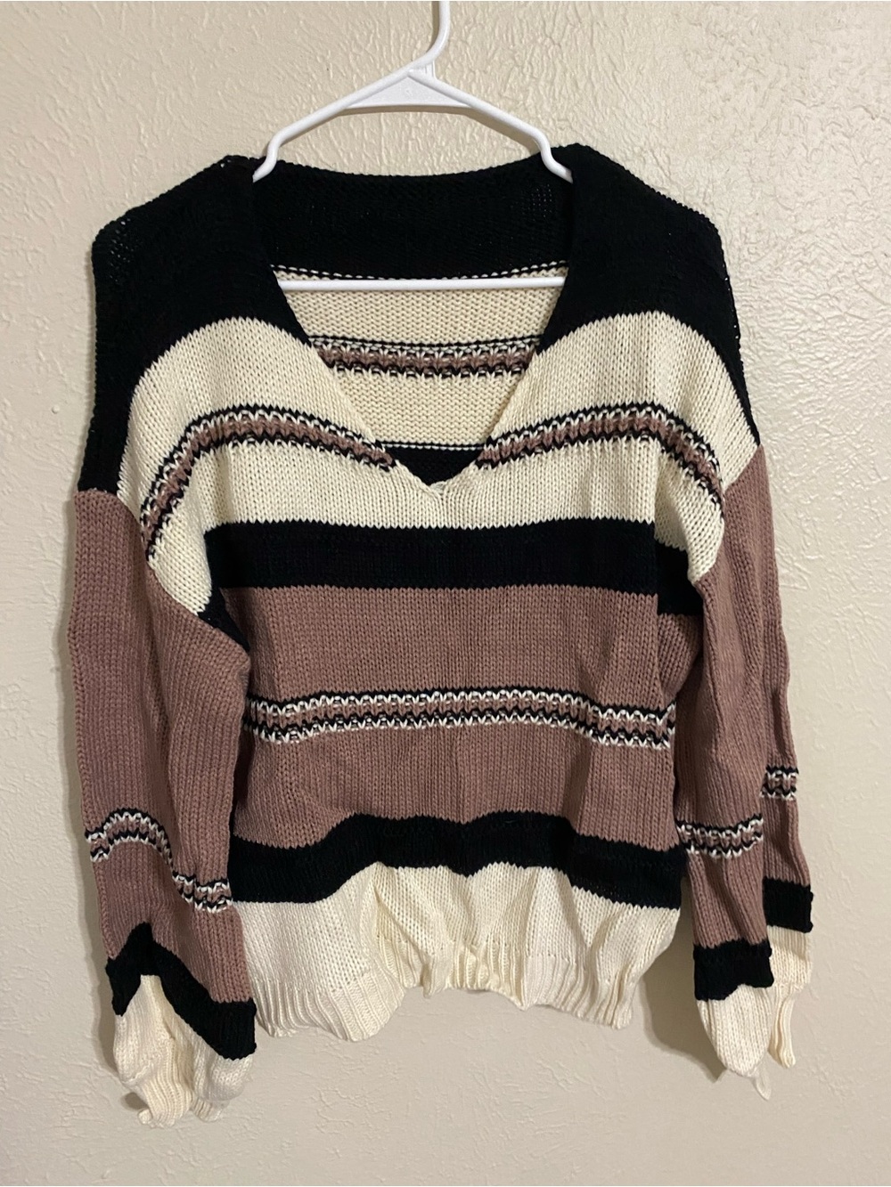 SHEIN Striped V-Neck Sweater in Black, Cream & Mauve